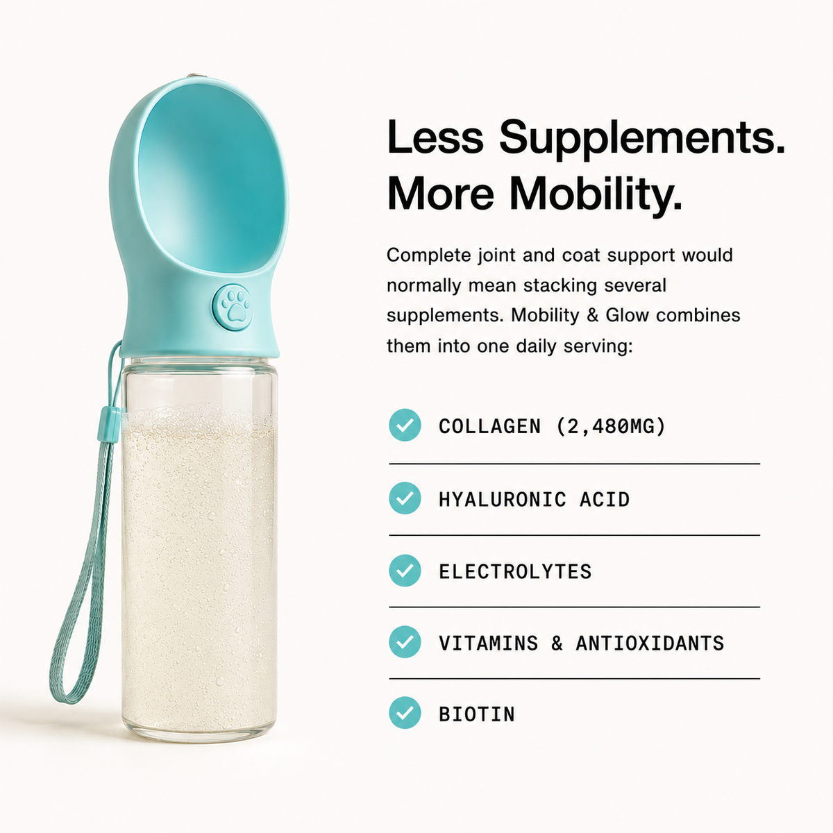 Pawer Water Dog Joint Support sticks with ingredients including glucosamine and chondroitin for mobility and glow.