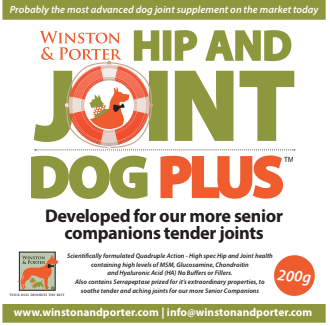 Winston and Porter Hip & Joint Dog PLUS supplement in a pouch, high-strength canine joint support powder for active dogs.