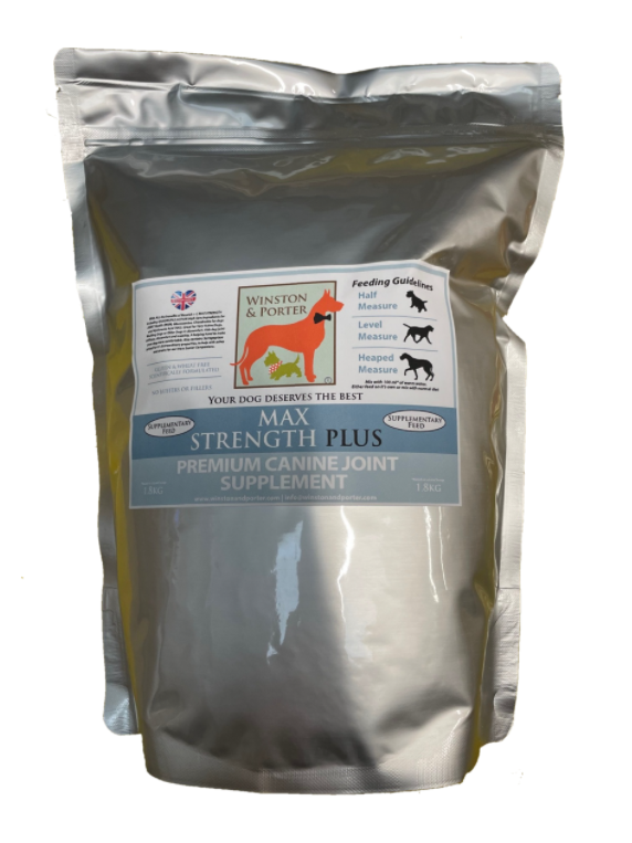 Winston and Porter Max Strength Plus canine joint supplement container showing label with dog silhouette and supplement details.
