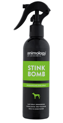 Dog grooming Animology Stink Bomb Spray 250ml bottle, designed to eliminate odors and freshen your dog's coat.