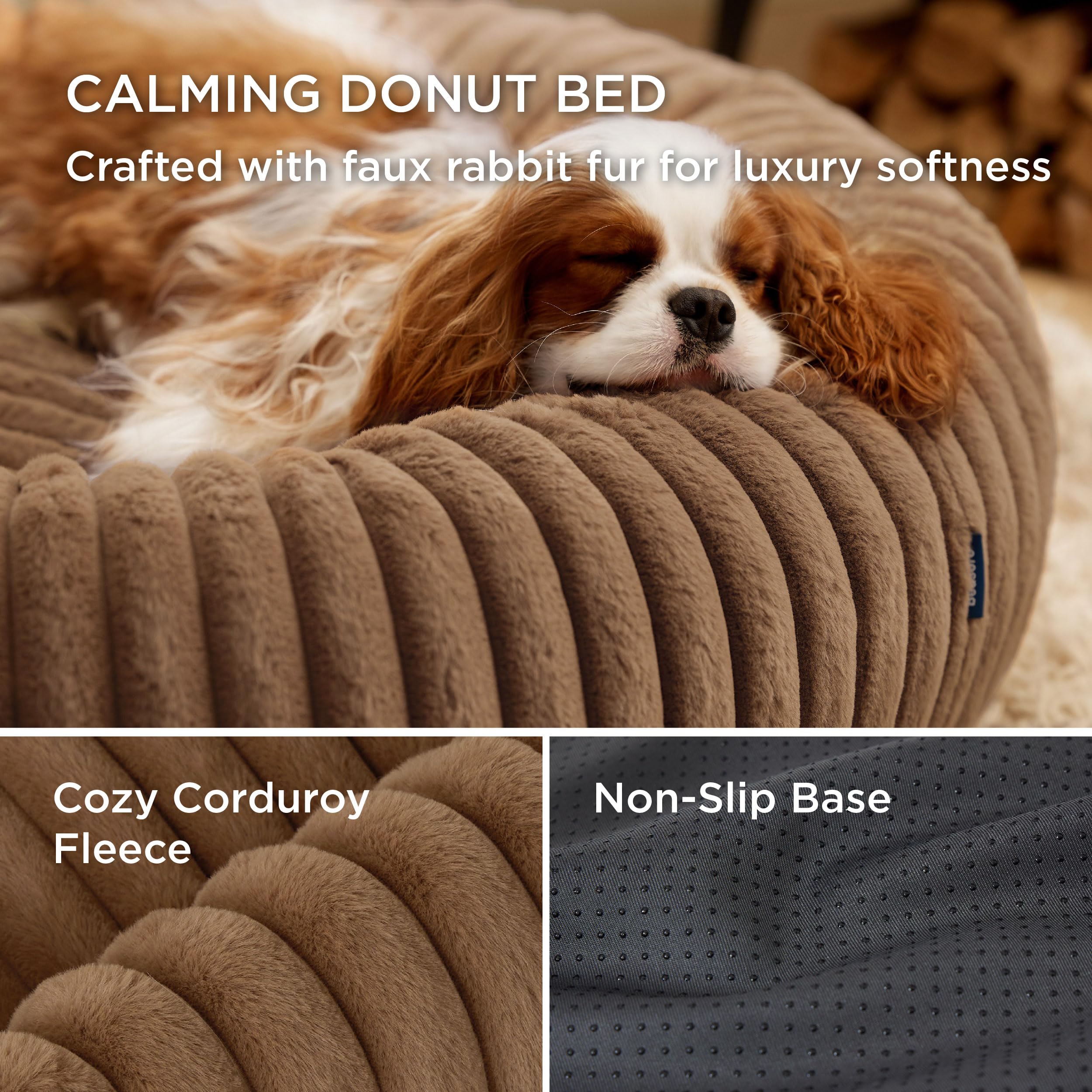 Bedsure Donut Large Dog Bed - Plush Faux Fur, Washable Cover, Anti-Slip Bottom (36x36x8)