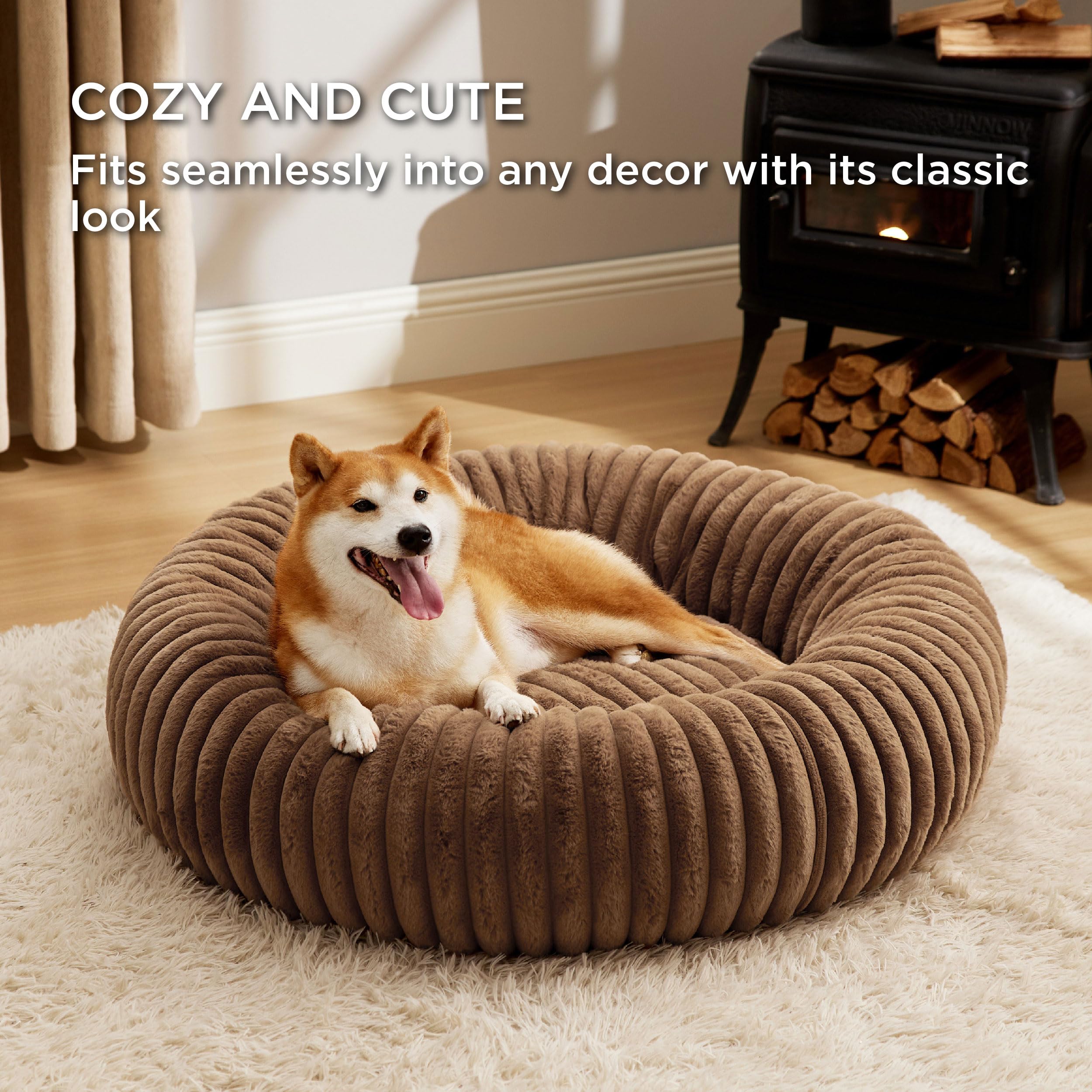 Bedsure Donut Large Dog Bed - Plush Faux Fur, Washable Cover, Anti-Slip Bottom (36x36x8)