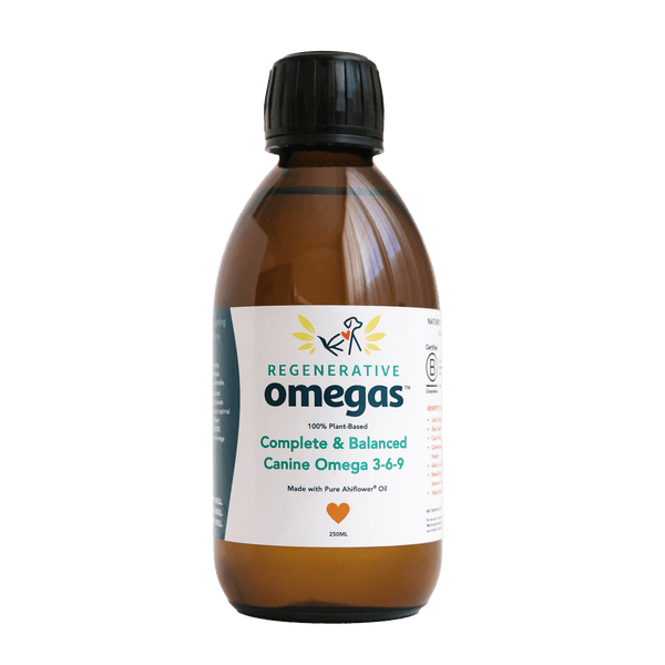 Sow & Arrow Canine Regenerative Omegas supplement for dogs in a 250ml bottle, featuring a clear label and a dropper cap.