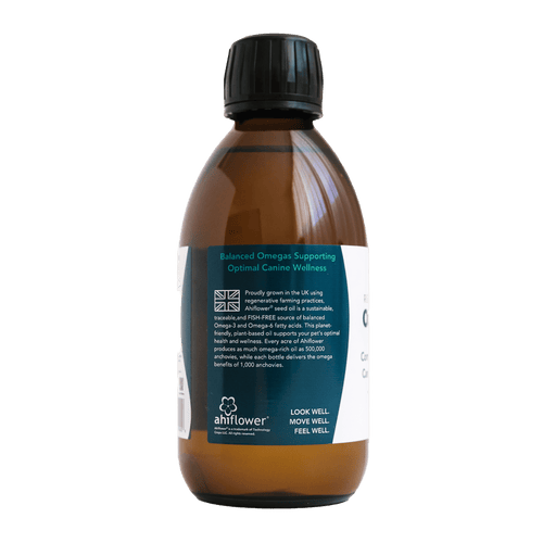 Sow & Arrow Canine Regenerative Omegas supplement for dogs, 250ml bottle with label, promoting healthy coat and skin.