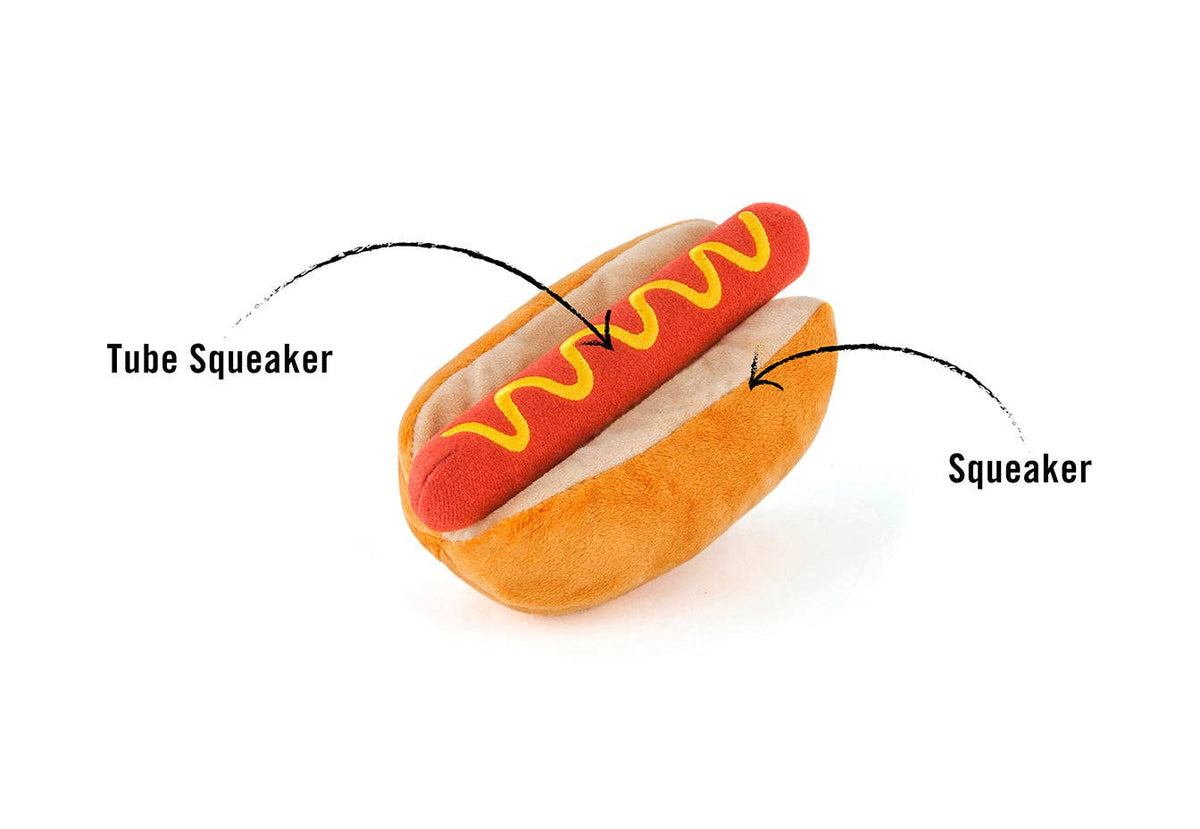 Fauna London American Classic Hot Dog enrichment pet toy with bright colors and playful design for dogs and cats.
