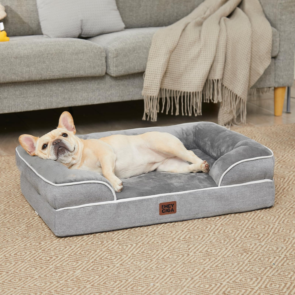 EHEYCIGA Orthopedic Dog Bed for Large Dogs – Waterproof Memory Foam with Sides, Non-Slip Bottom (Grey)