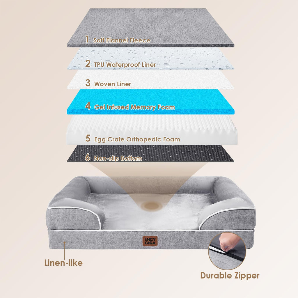 EHEYCIGA Orthopedic Dog Bed for Large Dogs – Waterproof Memory Foam with Sides, Non-Slip Bottom (Grey)