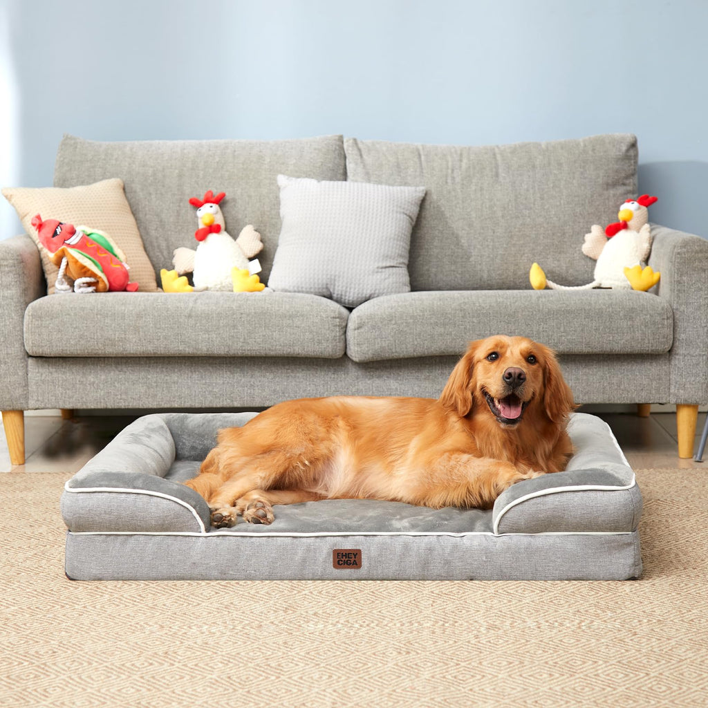 EHEYCIGA Orthopedic Dog Bed for Large Dogs – Waterproof Memory Foam with Sides, Non-Slip Bottom (Grey)