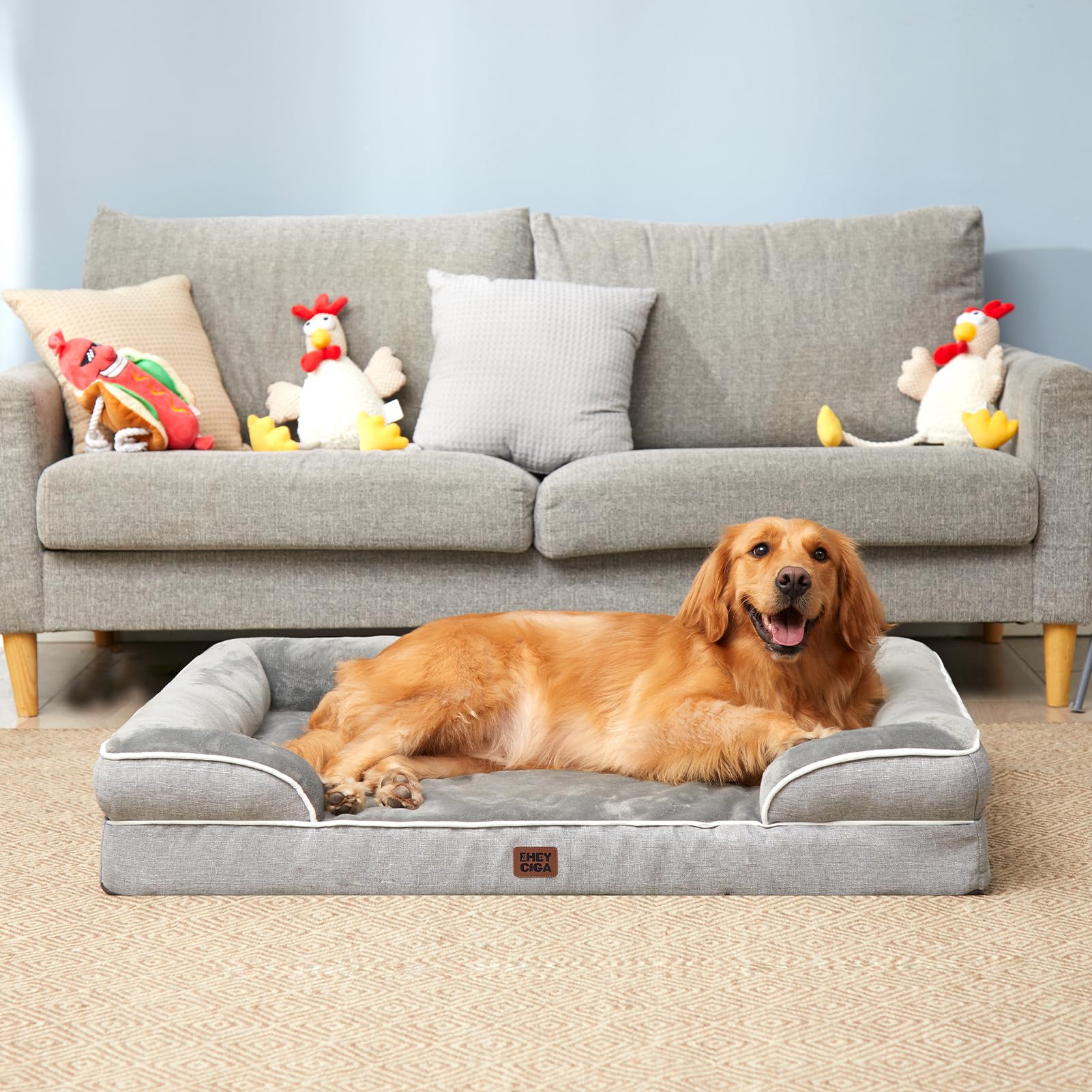 EHEYCIGA Orthopedic Dog Bed for Large Dogs – Waterproof Memory Foam with Sides, Non-Slip Bottom (Grey)