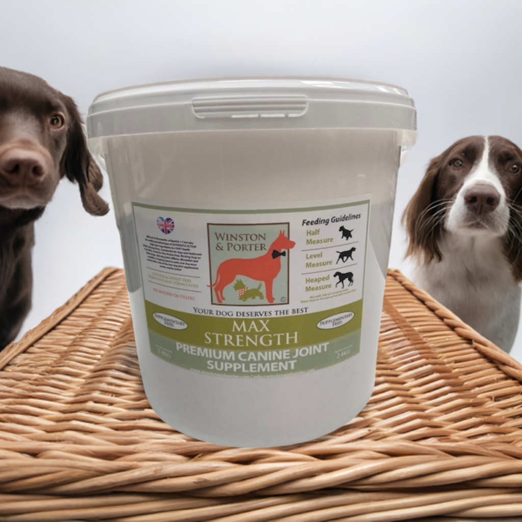 Winston and Porter Max Strength Premium Dog Vitamins for joint support in adult working and performance dogs, with supplement capsules.