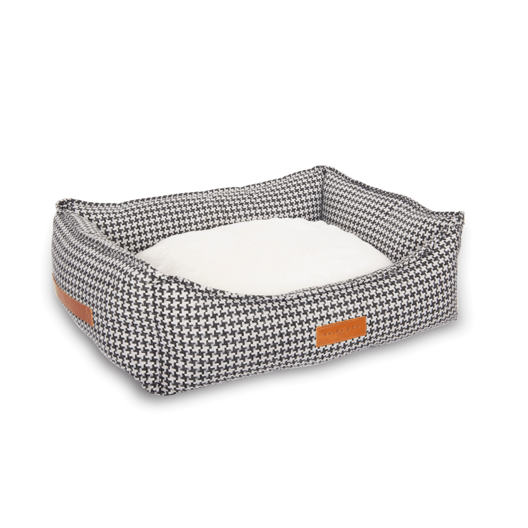 Ralph & Co Kensington luxury houndstooth bolster dog bed, plush nest bed with padded sides and cozy interior for small dogs.