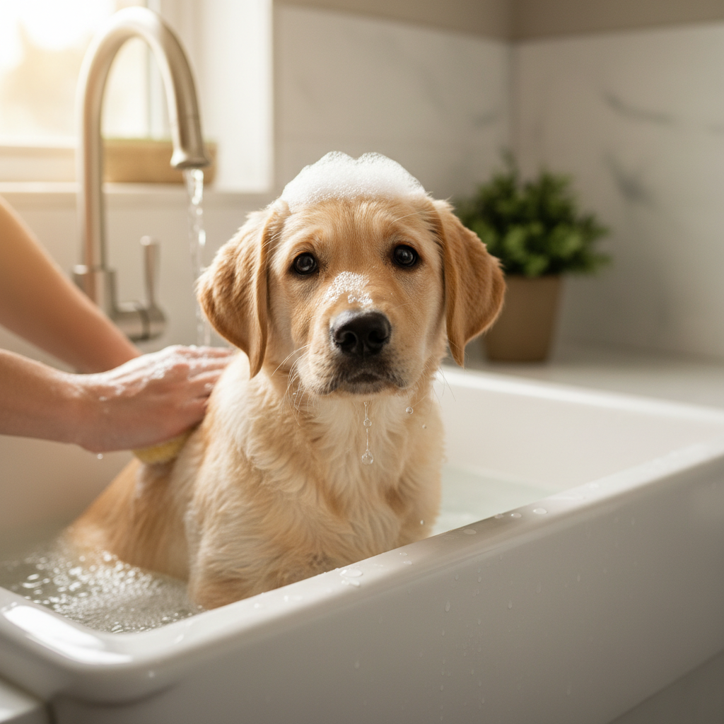 Yellow Lab Puppy Bath